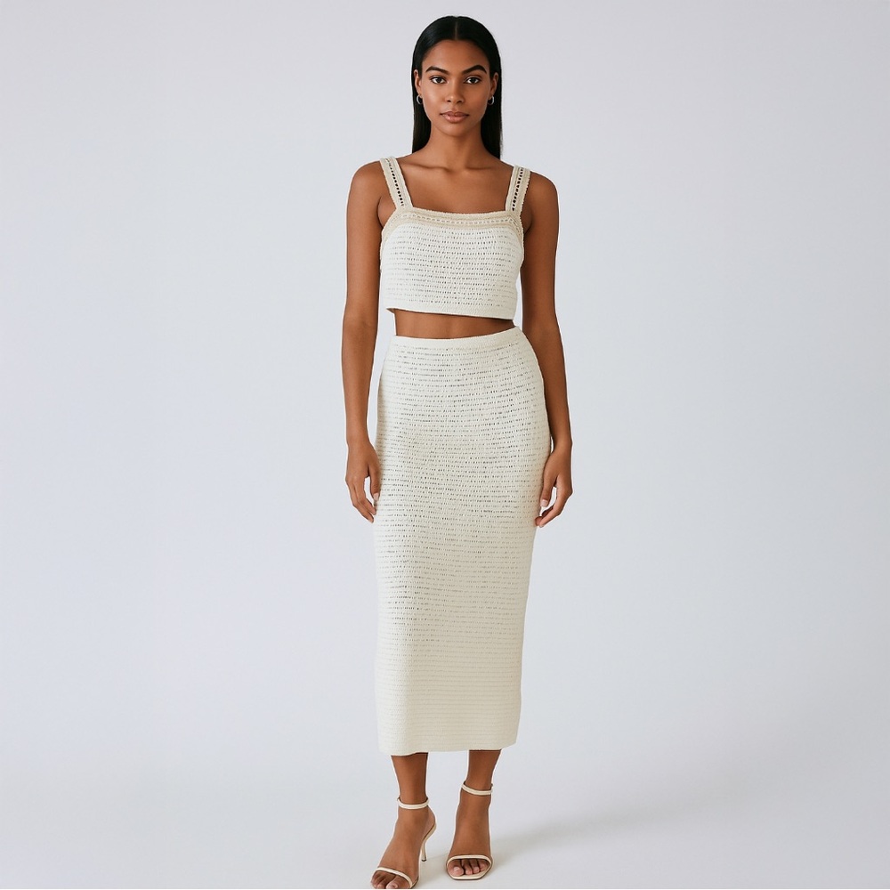A327 • Cream Crochet Knit Crop Tank Midi Skirt Set